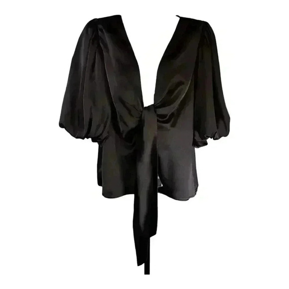 DELFI Collective Blouse Top V-Neck Tie Black Women's Large - Picture 3 of 6